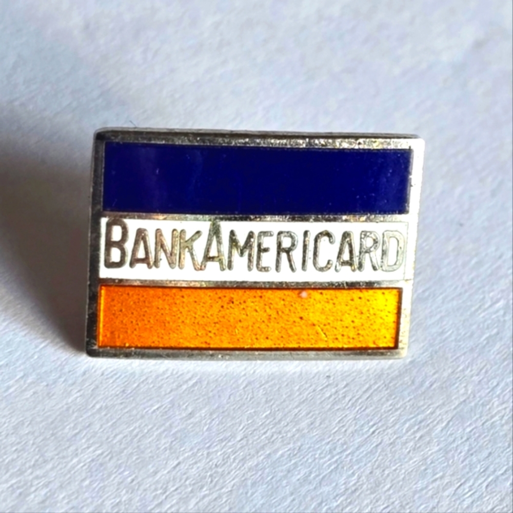 Vintage pin BankAmericard enamel silver tone brooch orange blue